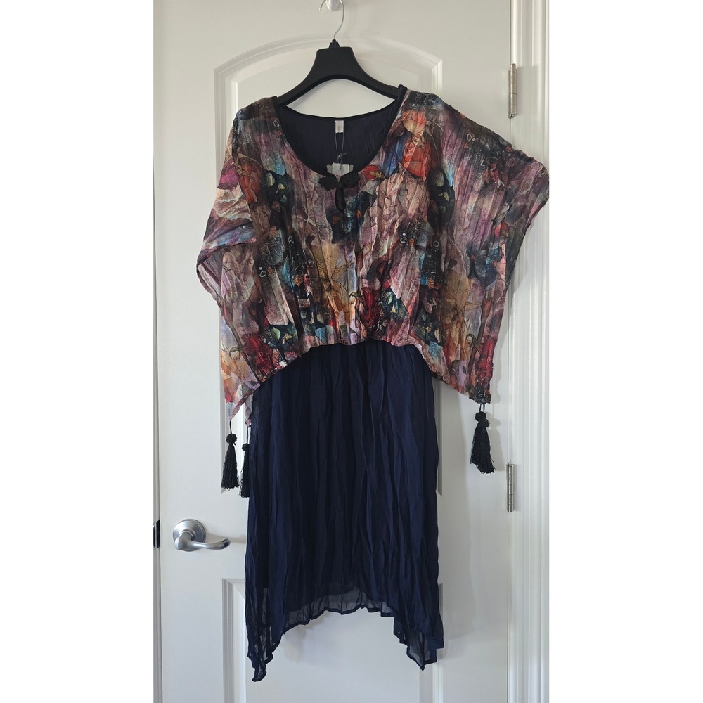 Pretty Angel Silk Blend Layered Poncho Dress Navy Blue Floral Tassels Large NWT